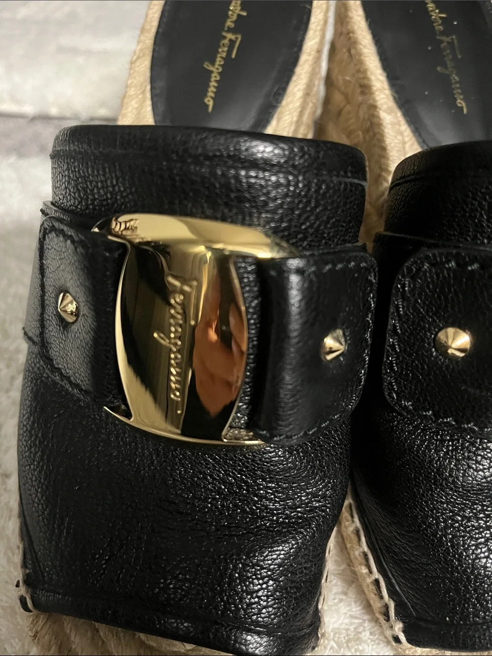 Salvatore Ferragamo Black Leather Espadrille Wedge Slides with Gold Plaque